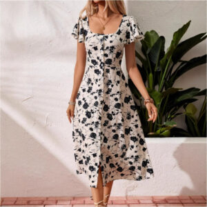 European And American Square Collar Button Bohemian Dress