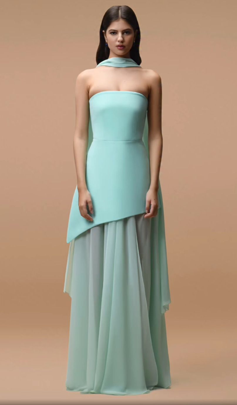 Womens Solid-Color Strapless Dress With Fluttering Ties And A Slit - Image 9