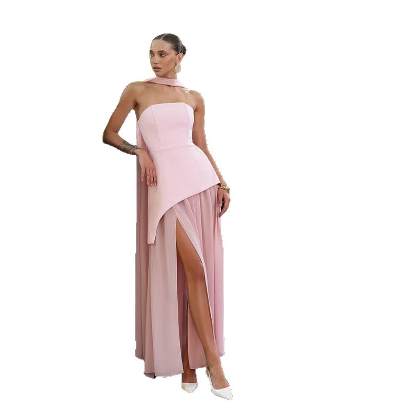 Womens Solid-Color Strapless Dress With Fluttering Ties And A Slit - Image 6