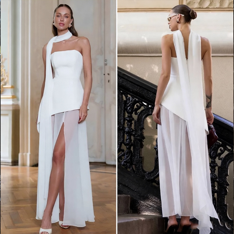 Womens Solid-Color Strapless Dress With Fluttering Ties And A Slit - Image 8